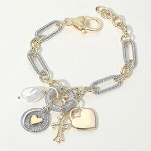 Dazzling 14K Gold Plated CZ Heart Medallion Cross Chunky Chain Bracelet